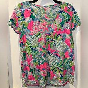 Lilly Pulitzer V-Neck Floral Cotton Top - Medium - Pineapple, Pink, Green, Blue